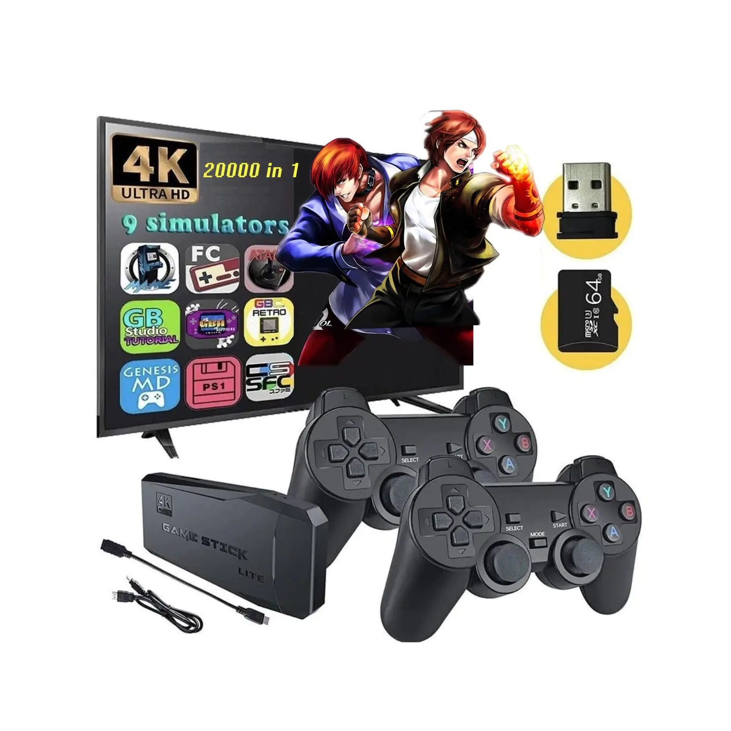 Wireless Retro Gaming Console(64G) Plug & Play Video TV Game Stick with Built-in 9 Emulators 20000+ Video Games4K HDMI Output Revisit Classic Games with Dual 2.4G Wireless Controllers